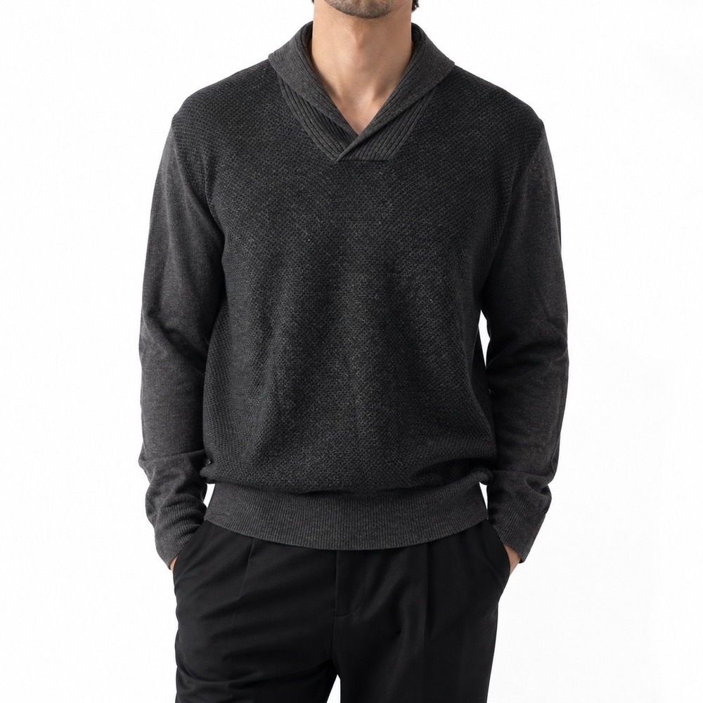 Marc Anthony Slim Fit Shawl Neck Sweater Men's‎ Large Gray Ribbed Trim Pullover